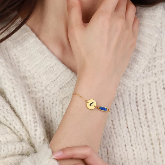 Custom Birthstone Bracelet with Name Disc