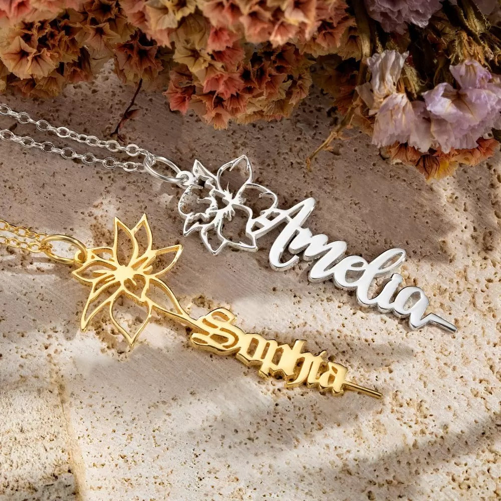 Dainty Floral Name Necklace with Birth Flower