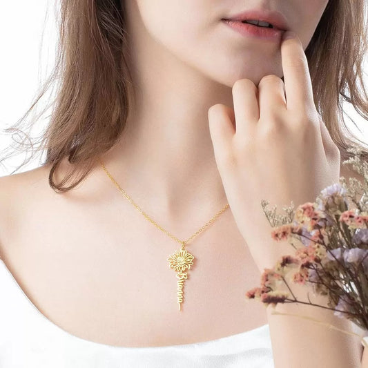 Dainty Floral Name Necklace with Birth Flower