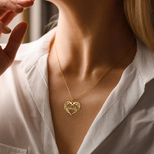 Custom Heart Name Necklace with Guardian Angel Wing