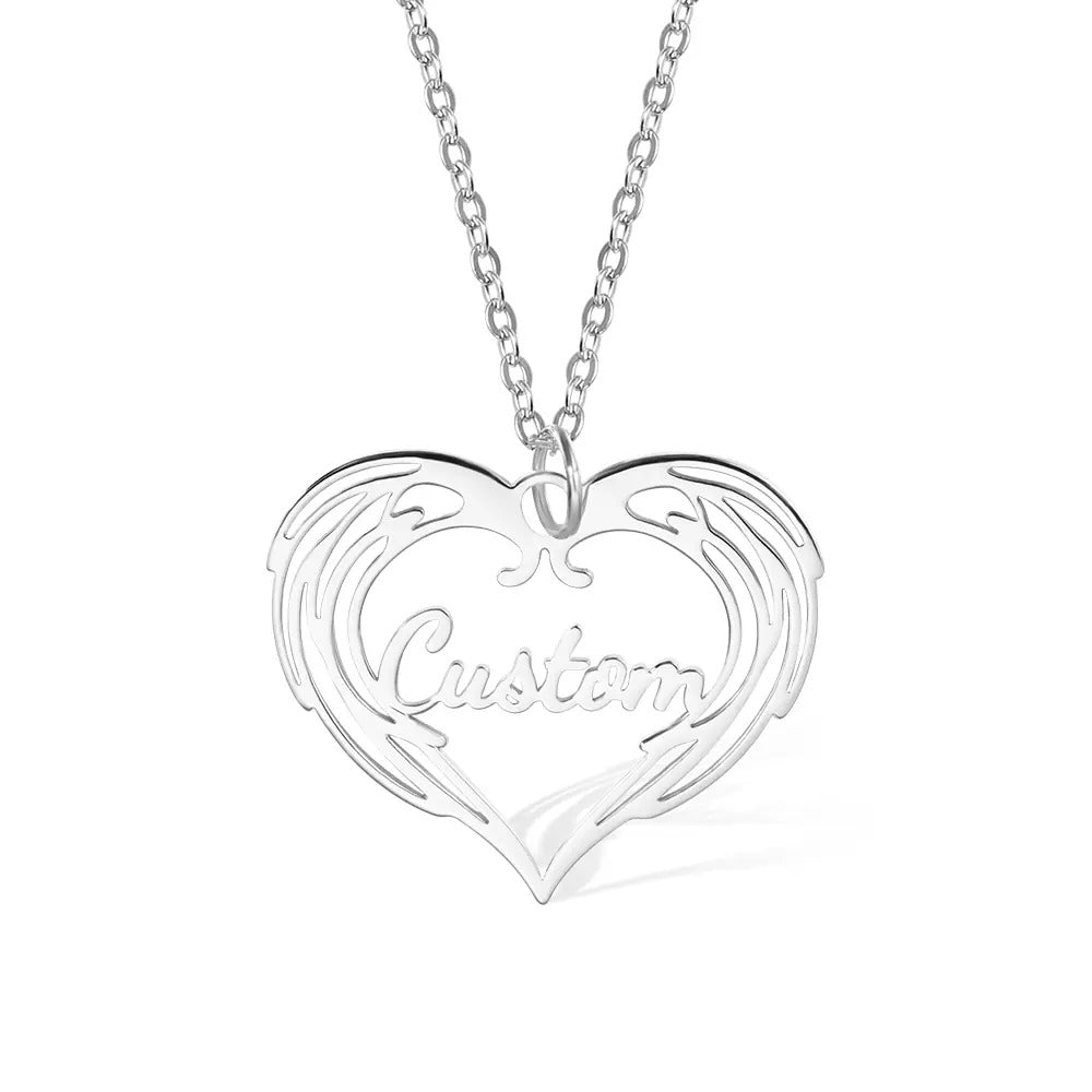 Custom Heart Name Necklace with Guardian Angel Wing