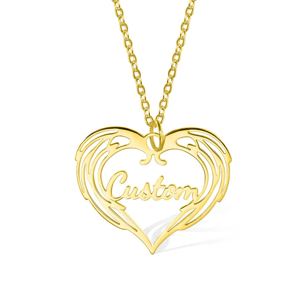 Custom Heart Name Necklace with Guardian Angel Wing