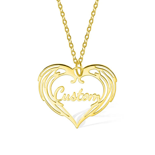 Custom Heart Name Necklace with Guardian Angel Wing