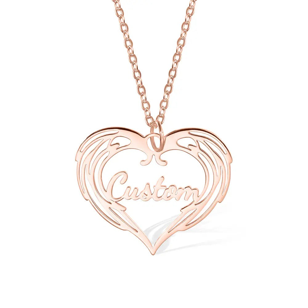 Custom Heart Name Necklace with Guardian Angel Wing