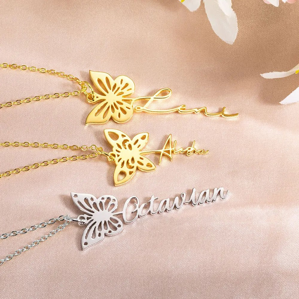 Custom Dainty Birth Butterfly Name Necklace