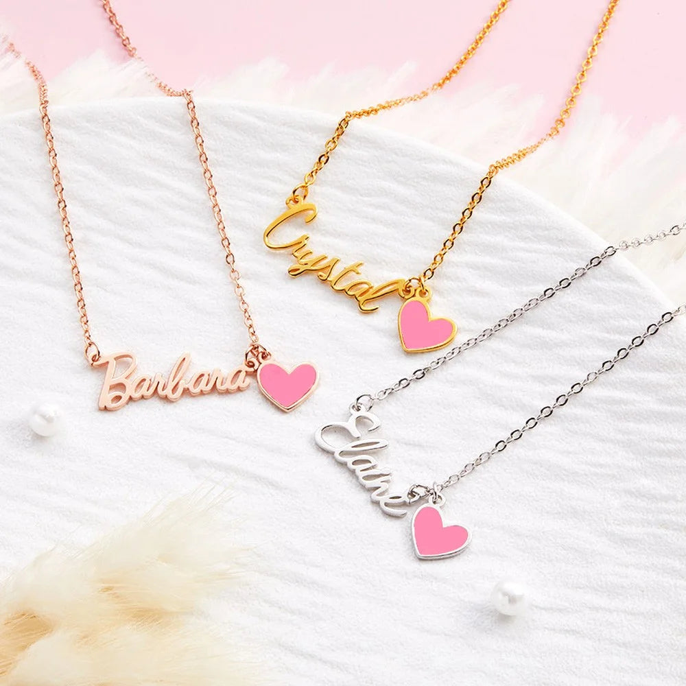 Personalized Name Necklace with Pink Heart