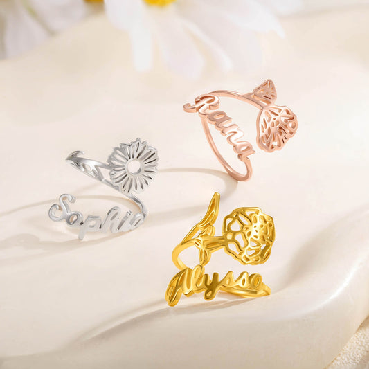 Custom Name Birth Flower Ring